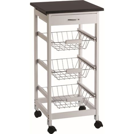 Carrello da Cucina per Alimenti e Utensili Carrello Cucina in Legno con Cestelli in Metallo e Top Nero