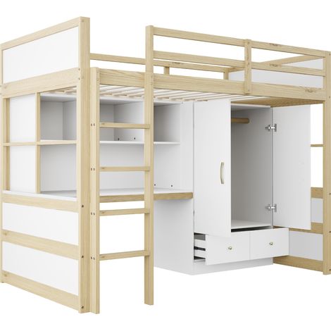 Lit mezzanine 90 x 200 cm, avec échelle, bureau avec rangement, armoire et tiroirs, lit pour enfant, lit pour adolescent, lit simple, couleur bois (1/5)