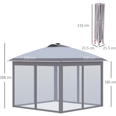 Tonnelle pliante de 3,3 x 3,3 m avec éclairage LED et USB, montage instantané, panneaux latéraux en filet, protection solaire, toile Oxford grise, idéale pour les garden-parties (1/5)