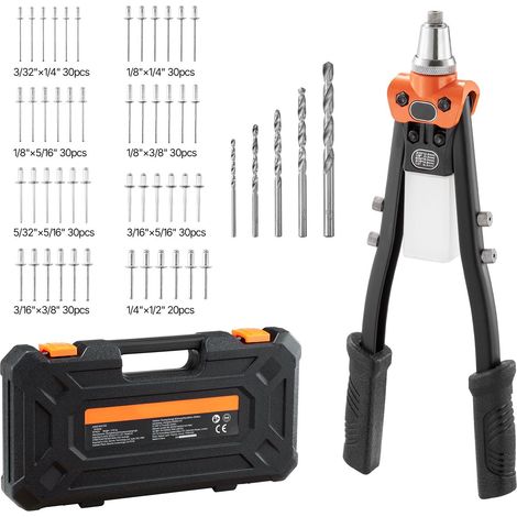 Pince à rivets manuelle avec 230 rivets aveugles, 5 embouts interchangeables, 5 forets et coffret de rangement. Outil de rivetage pour métal, automobile et bricolage. (1/5)