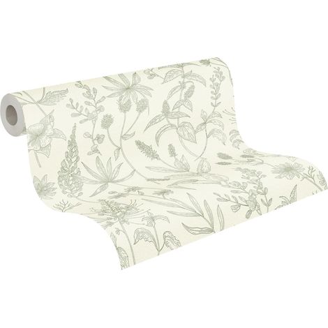 JSSEVN-Création Vliestapete 10m x 0,44 m mit strukturiertem Blütenmuster - Grün, Silber, Weiß - florale Tapete mit Metallic-Akzenten (1/5)