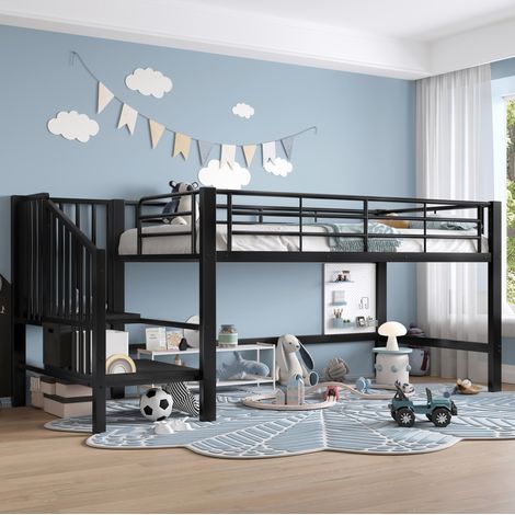 Hochbett 90 x 200 cm mit Stauraumtreppe, Metall, schwarz HAVRYA (1/5)