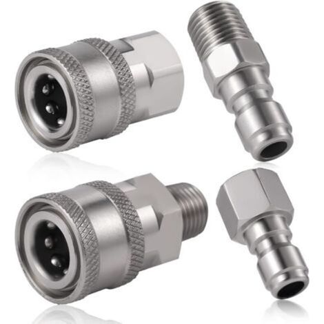 4 Pièces Coupleur de Nettoyeur Haute Pression, NPT 1/4 Pouce Connecteur Rapide en Acier Inoxydable Mâle Femelle Accessoires de Nettoyeur Haute Pression avec Filetage Externe Interne (Argent) (1/4)