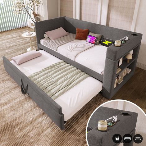 Letto Estraibile 90x190 cm Imbottito, con Braccioli USB/Type-C e Portabicchieri, Tessuto Lino Misto Grigio (Senza Materasso) (1/5)