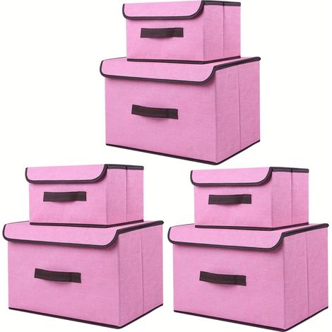 6 Boîte de Rangement avec Couvercle,Sac de Rangement,Pliable Rangement Tissu pliable avec Couvercle, Panier de Rangement,Coffre à Jouets pour Jouets,Vêtements (Rose, 36 cm+26 cm)