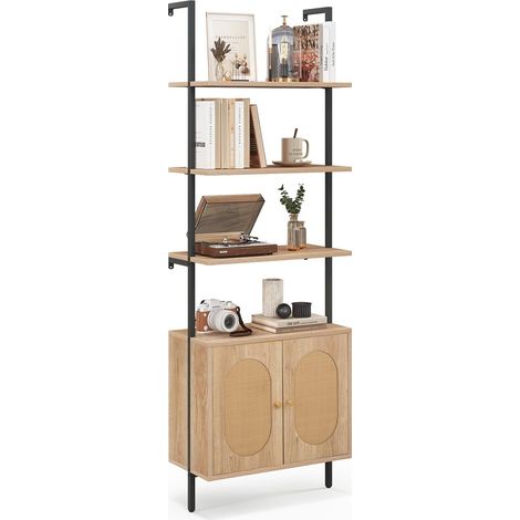 COSTWAY Bibliothèque Étagère Échelle avec Armoire en Rotin, Étagère de Rangement à 6 Niveaux avec Cadre Métallique, pour Salon Chambre Bureau, 60 x 30 x 180 cm, Naturel (1/5)