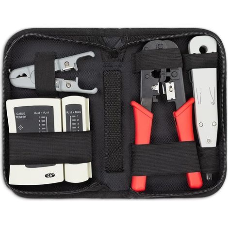 Kit de 4 Outils Réseau avec Sacoche Comprenant un Testeur de Câble une Pince à Sertir LSA des Outils de Pose une Pince à Dénuder IT PC Réseau LAN Outil CAT RJ11 RJ12 RJ45 (1/5)