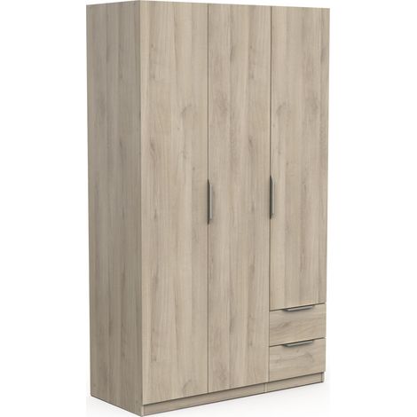 Armoire Dressing avec Penderie Moderne 3 Portes 2 Tiroirs 4 Niches – Coloris Chêne Kronberg - 119,4 x 51,1 x 203 cm (1/5)