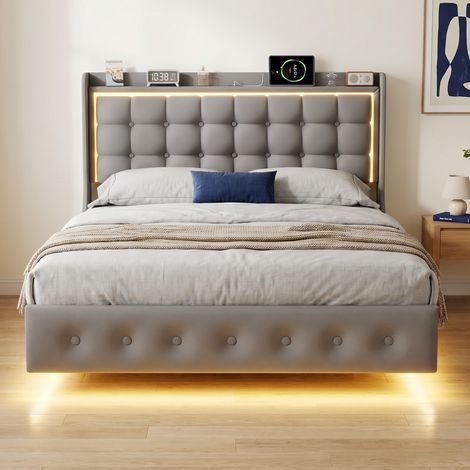 Lit adulte 160x200 cm en velours, lit double flottant avec éclairage LED et ports USB, tête de lit avec rangement et sommier, style Moderne, Gris (1/5)