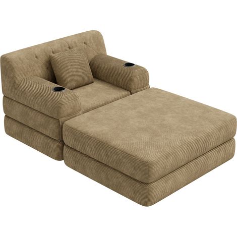 Schlafsessel Aus Cord, Hohe Rückenlehne, 4 Seitentaschen, 2 Getränkehalter, Dichter Schaum, Khaki (1/5)