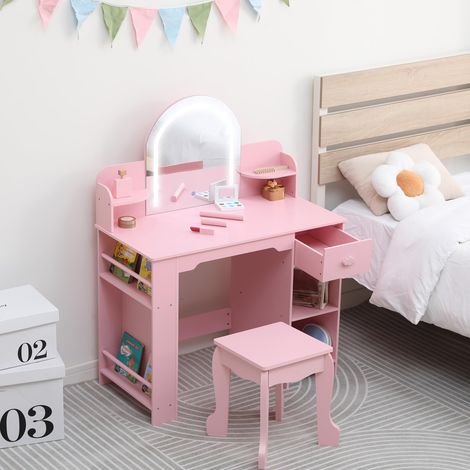 Coiffeuse enfant avec miroir LED réglable – Table maquillage princesse fille 3-9 ans, tiroir, étagère à livres et tabouret – Chambre ou salle de jeux – Rose avec accessoires (1/5)