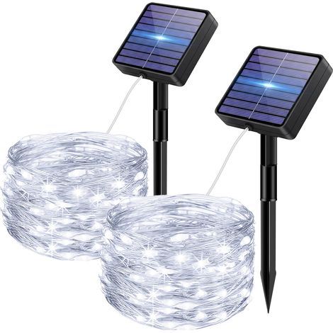 Lot de 2 Guirlande Solaire Exterieur, 5+2 M 50 LED 8 Mode IP65 Étanches Guirlande Lumineuse Solaire Extérieur Avec Mémorisation Pour Clôture Jardin Balcon Décoration Blanc Froid (1/5)