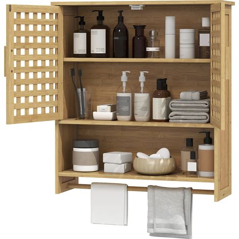 Meuble de salle de bain mural en bambou avec 2 portes à croisillons, étagère ouverte et étagère réglable, naturel (1/5)