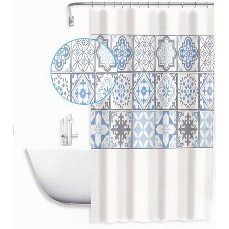 Cleafe - Tenda Doccia Antimuffa Impermeabile 180x180cm Con Anelli Maioliche Azzurri 59530 - (1/2)