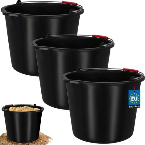 KOTARBAU® Lot de 3 Seau de Maçon - Seau de Construction 20 L - Plastique - Seau de Chantier - Seau à Mortier - Noir - avec Bec Verseur et Anse - Rond (1/4)