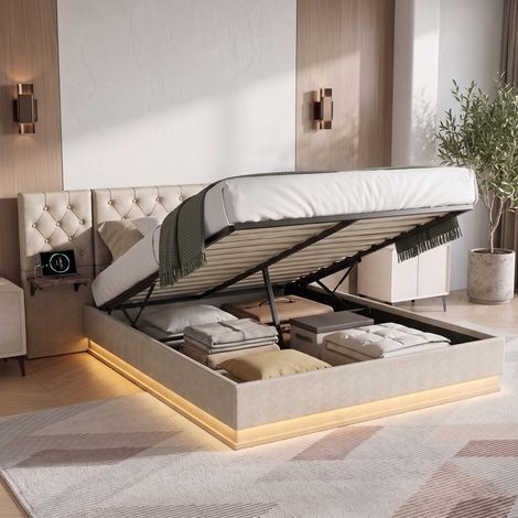 Letto contenitore 140x200 cm con rete a doghe e comodini integrati - Letto matrimoniale imbottito in tessuto di lino beige con illuminazione LED e porte USB (1/5)