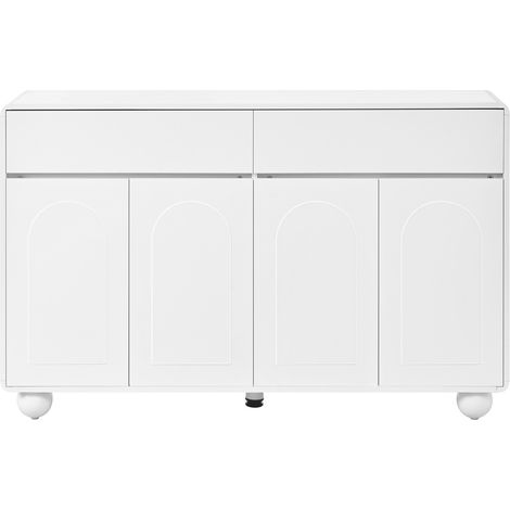 Credenza da soggiorno bianca con ante curve, 2 cassetti e 4 ante, in PB e MDF, piedi in metallo (1/5)