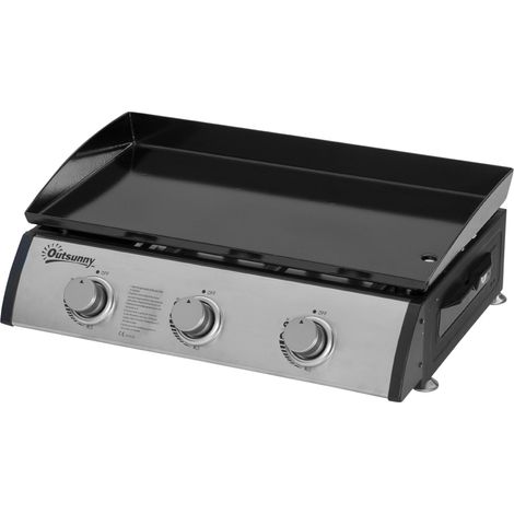 3-flammiger Gasgrill, Schlauch, Antihaftplatte, silberfarbener Edelstahl, 63 x 48 x 21 cm