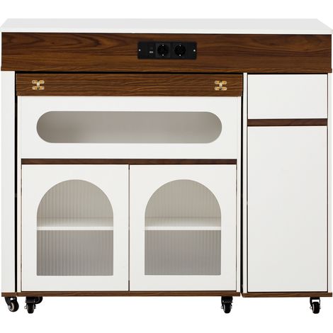 Tavolo isola da cucina allungabile con ruote, presa, vetro scanalato e cassetto, bianco noce (1/5)