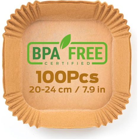 Carta da forno per friggitrice ad aria - 100 pezzi, per uso alimentare, senza BPA, 20 x 20 cm, per friggitrici ad aria da 5-8 litri - Ideale per una cottura sana (1/4)