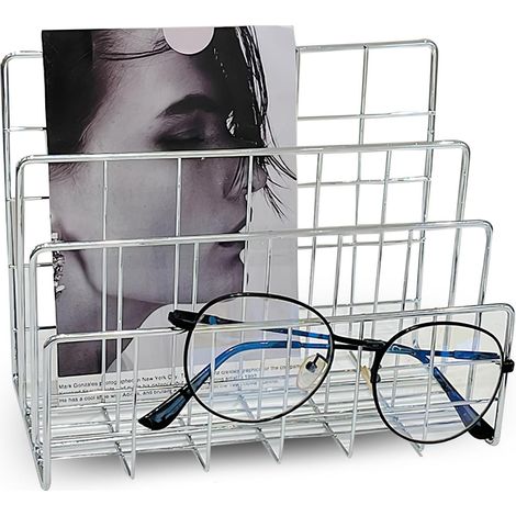 Organizzatore da scrivania in metallo color argento - portadocumenti con 4 scomparti - portadocumenti minimalista in ferro - libreria multifunzionale e organizer per lettere (1/3)
