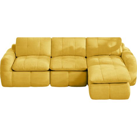 Sofá modular en L de 3 plazas sin reposabrazos en chenilla amarilla con puf, 264 x 160 x 68 cm (1/5)