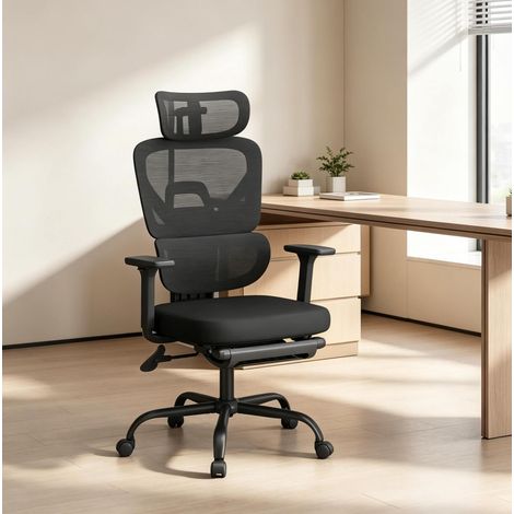 Silla de oficina ergonómica giratoria con reposapiés, reposacabezas 3D y apoyo lumbar, negra (1/5)