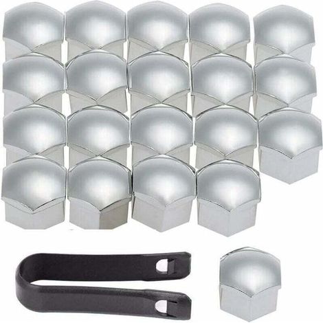Set mit 20 Radmutternabdeckungen (17 mm) inklusive Abzieher, Silber - Crezuo