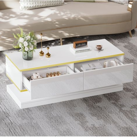 Table basse en panneaux de particules blanc brillant bord doré 100 cm avec 2 tiroirs (1/5)