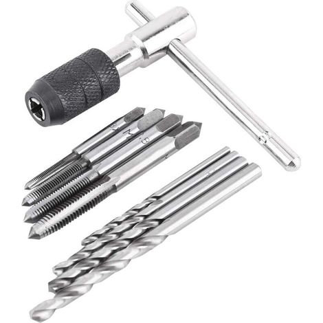 9 Pièces/ensemble de Tarauds à Vis, 1 Clé à Taraud en Forme de T, 4 Tarauds et 4 Forets Hélicodaux, Jeu de Clés à Taraud en Acier à Roulement de Haute Qualité, Forets Torsadés Filetage Taraudage Kit-D