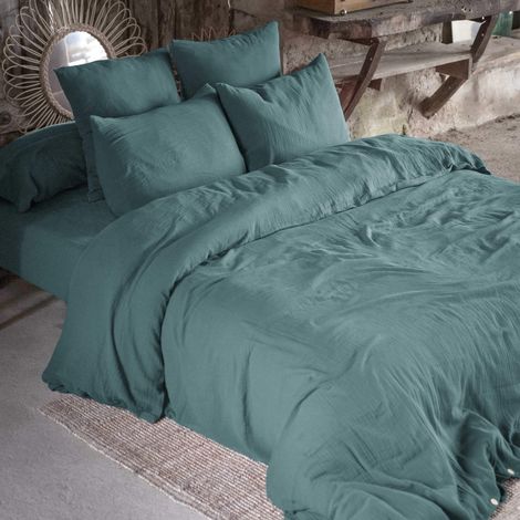 Parure de lit 260x240 double gaze de coton bleu canard Terre de Nuit (1/4)