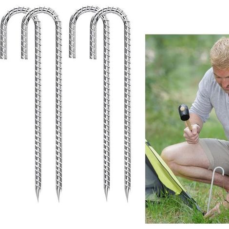 Ensemble de 4 pièces : ancrage au sol galvanisé, piquet de sol en J, piquet de tente, crochet pour trampoline (pour tente de camping, clôture, château) (argenté)