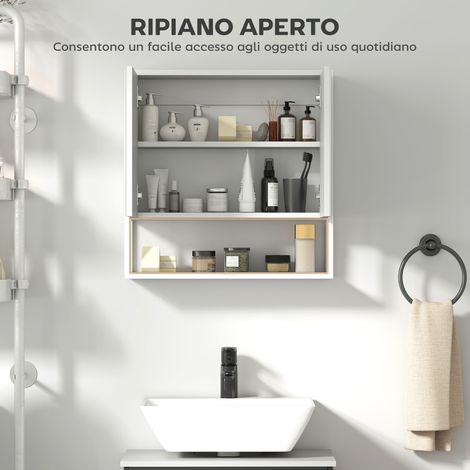 Armoire de salle de bain murale blanche 60x16x60 cm, avec miroir intégré, étagère réglable et tablette ouverte.