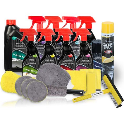 Pack Complet Nettoyant Intérieur/Extérieur pour voiture 21 pièces Dunlop Citron- Shampoing, Nettoyant, Brosse, Microfibres