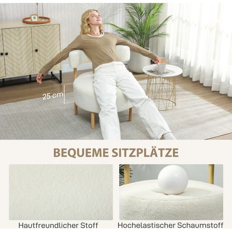 Fauteuil relax sherpa polaire blanc crème, piètement métal effet bois, dossier capitonné, 67x67x71 cm