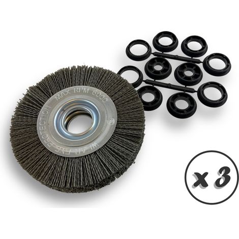 Lot de 3 brosses circulaires NYLON Abrasif Ø 150 mm Epaisseur 2 rangs Carbure de silicium Grain 80 Alésage 32 mm + réducteur bague 25/22/20/16/12 mm Touret ponceuse Kibros 235152KR80x3 (1/5)