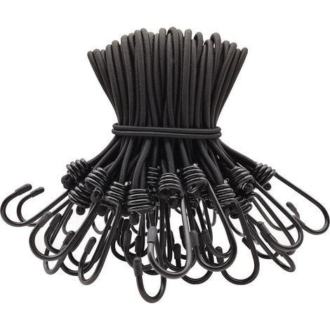 Lot de 50 sandows noirs 20cm avec crochets, tendeurs élastiques pour bâches et camping (1/5)