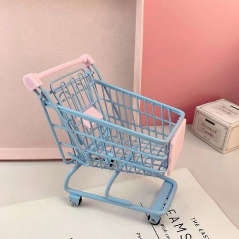 Mini Chariot De Supermarché En Métal, Organisateur De Bureau, Range Stylos Trombones, Décoration, Bleu Poudré (1/4)