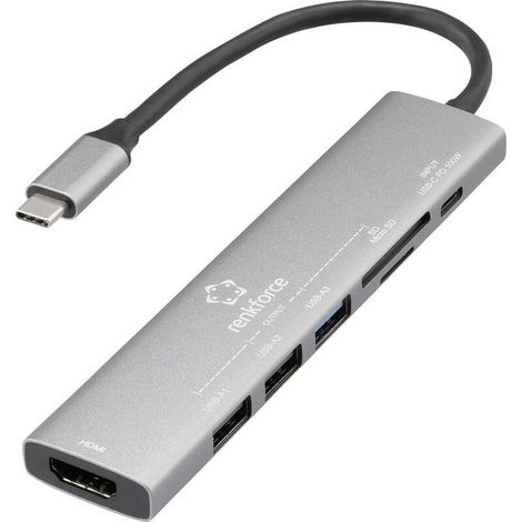 [NEUWERTIG] B-Ware RENKFORCE USB-C Dockingstation Hub Universal Kartenleser Grau HDMI Laptop (1/2)