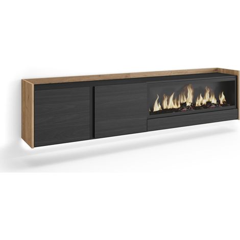 Skraut Home - Mueble TV, Televisión, Muebles de salón, almacenaje, 212x35x50cm, Para TV hasta 80", Chimenea eléctrica XXL, Colgado, Suspendido, LED, Estilo Moderno, Negro y roble (1/5)