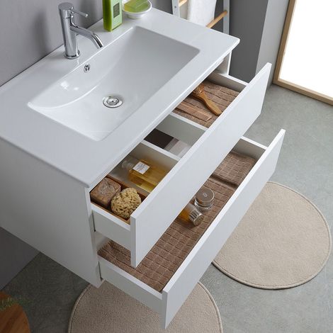 Kiamami Valentina – Meuble de salle de bains suspendu 80cm blanc export avec lavabo en céramique – 2 tiroirs avec fermeture amortie – Design moderne — vue 3