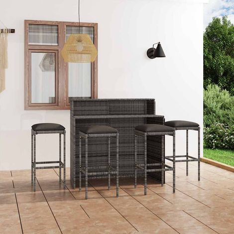 Ensemble Table de bar + 4 Chaises de bar de jardin avec coussins - Table Haute avec 4 Tabourets Gris BV809232 - BonneVie (1/5)