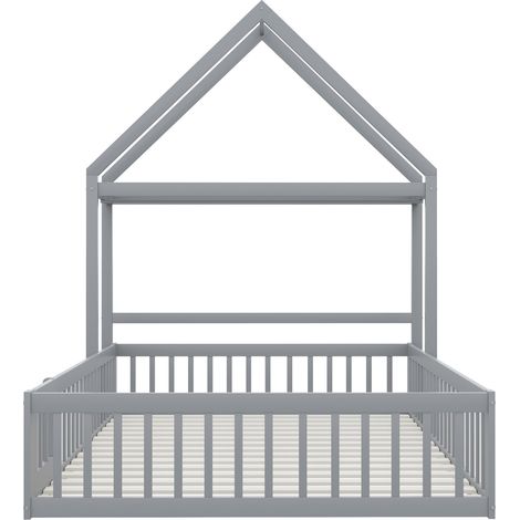 Cama casita infantil 140 x 200 gris de madera con almacenaje, barrera completa, puerta y somier (1/5)