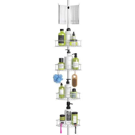 Étagère de douche télescopique avec 4 paniers et 1 porte-serviettes, sans perçage, hauteur réglable de 149 à 276 cm, pour douche et baignoire, blanche (1/5)
