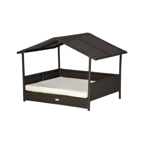 Niche pour chien en rotin avec coussin, 98 x 69 x 73 cm, niche d'extérieur en forme de maison avec structure en acier, PP, marron café