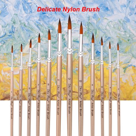 Kit de 12 pinceaux à peinture à pointe ronde et pointue avec poils en nylon pour artiste, aquarelle, gouache, aquarelle, peinture à l'huile, fournitures de dessin artistique (1/5)