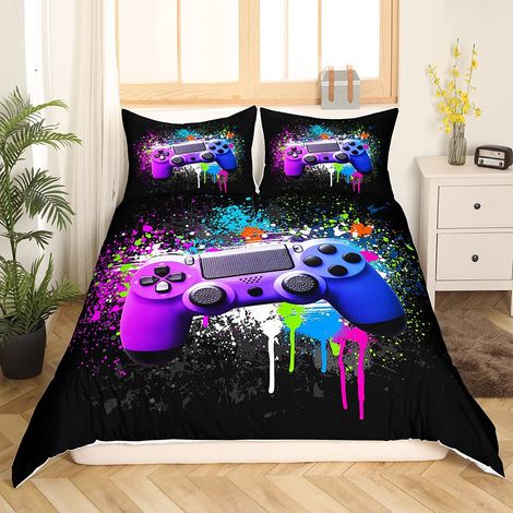 Parure de lit moderne avec housse de couette de 135 x 200 cm et 1 taie d’oreiller, motif multicolore teinté par nouage de manette de jeux vidéo, pour enfant adolescent garçon femme (1/5)