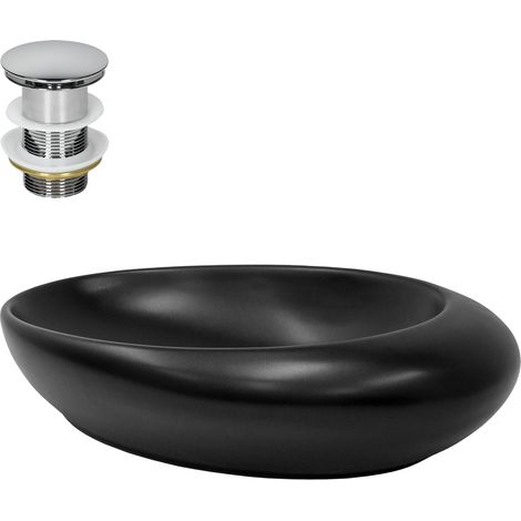 ML-Design Lavabo Ovalado 58,5 x 37,5 x 14,5 cm Negro de Cerámica Mate Fregadero para Pared o Sobre Encimera con Juego de Desagüe Cromado Lavamanos Diseño Moderno para Mueble Baño Pila para Aseo WC