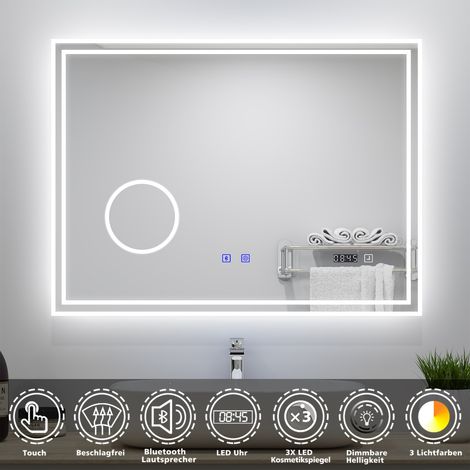 LED Badspiegel 100x60cm mit Uhr Bluetooth 3 Lichtfarbe Dimmbar Beschlagfrei 3-Fach klares vergrößertes Speicherfunktion (1/5)