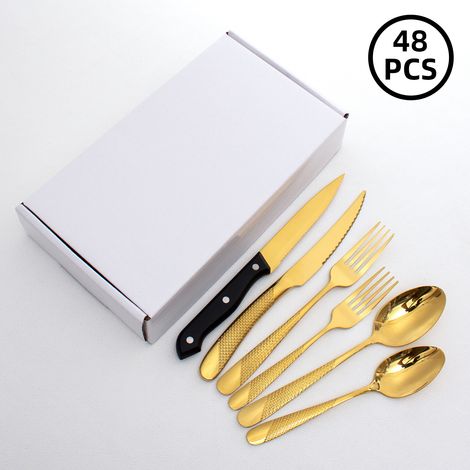 (Ensemble de 48 pièces - doré) Ensemble de couverts en acier inoxydable épais incrusté de diamants, comprenant une fourchette et une cuillère.